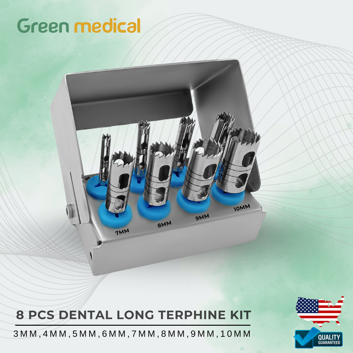 8 Pcs Dental Long Terphine Kit set Surgical Surgery With Box Holder