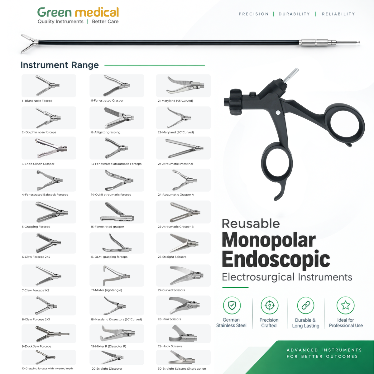 Reusable Monopolar Endoscopic Electrosurgical Instruments With B21 Non Ratchet Handle – German Stainless Steel