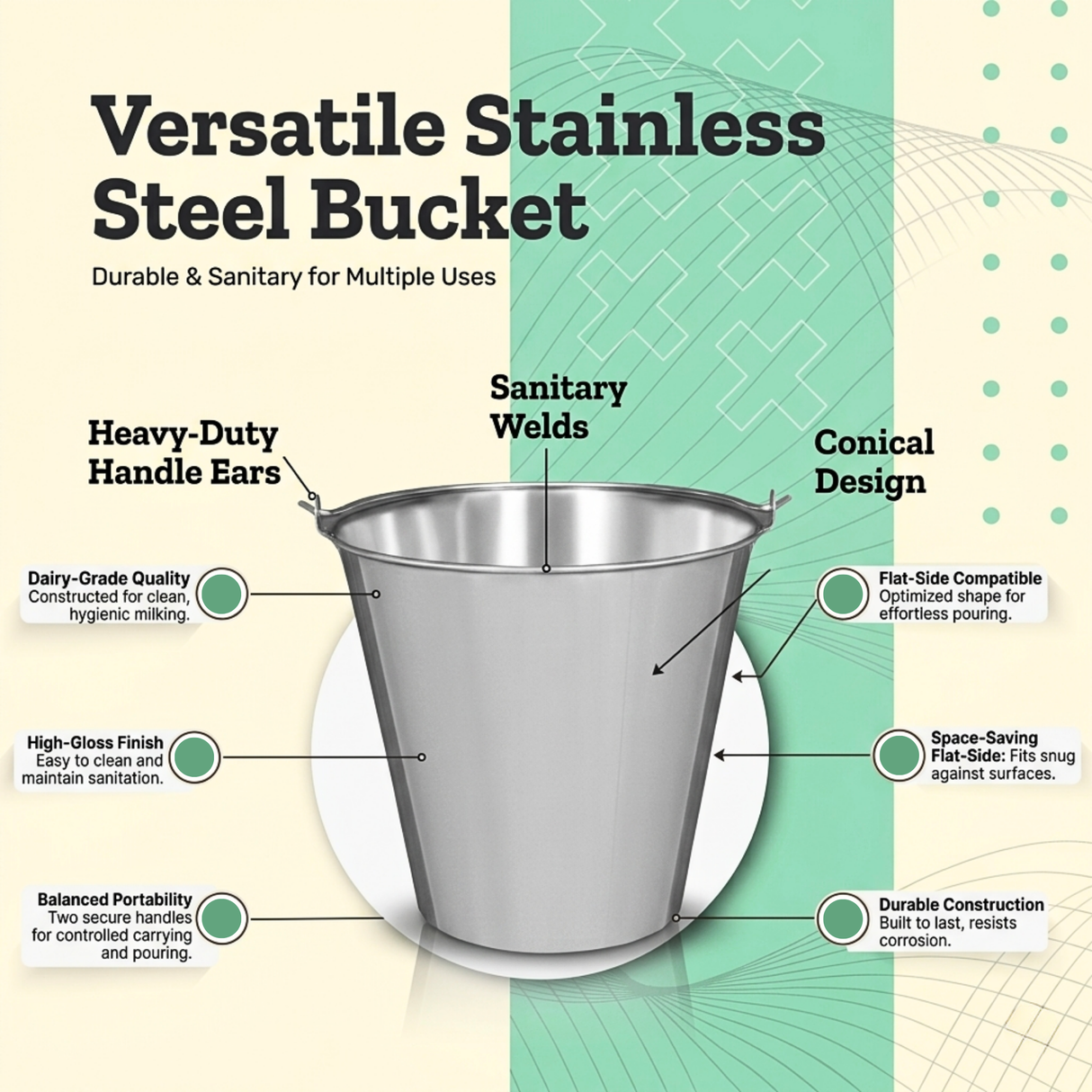 12 Litre Polished Stainless Steel Bucket for Farm, Home & Garage Use