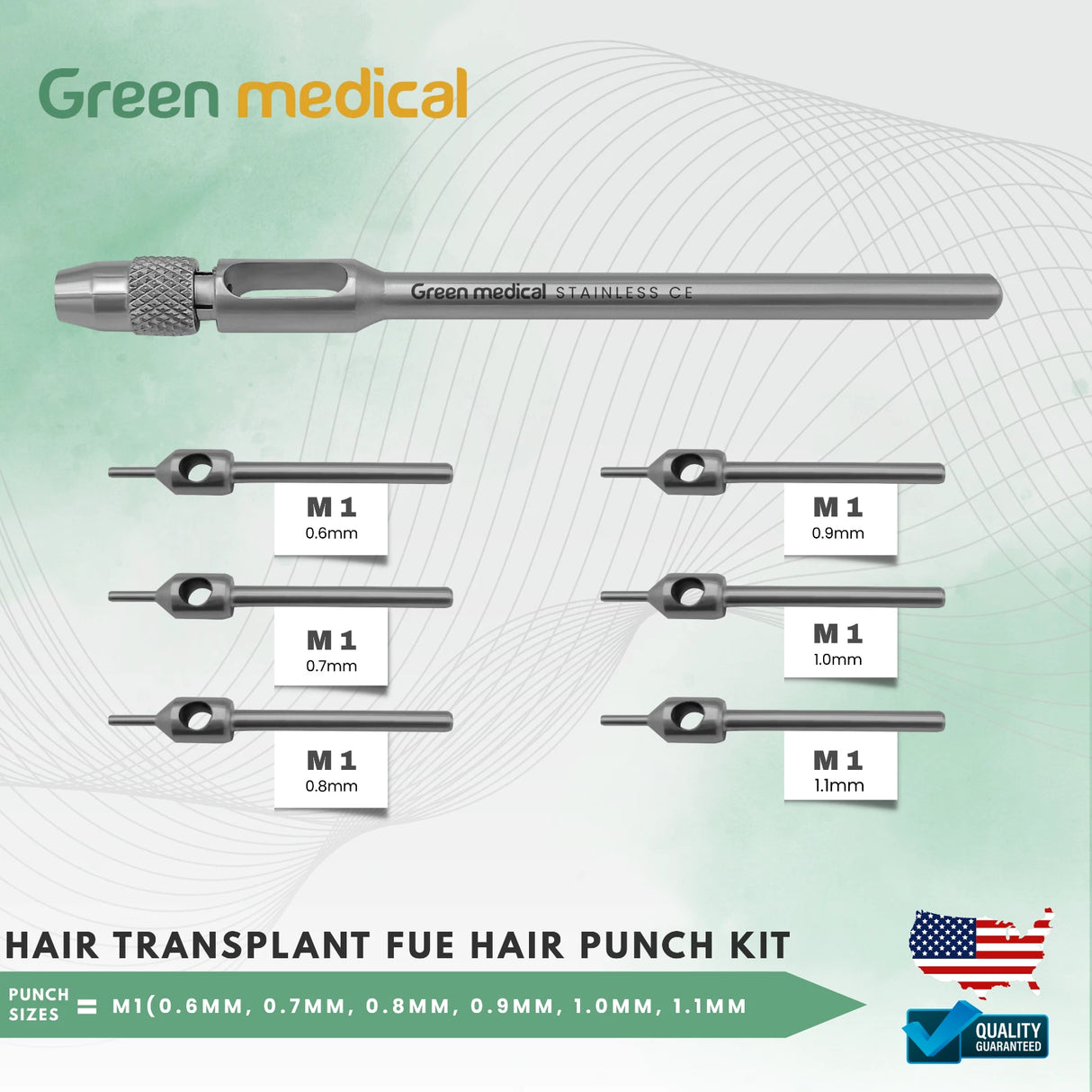 Hair Transplant FUE Hair Punch KIt Puch Sizes .6mm, .7mm, .8mm, .9mm, 1mm, 1.1mm Stainless Steel German Grade