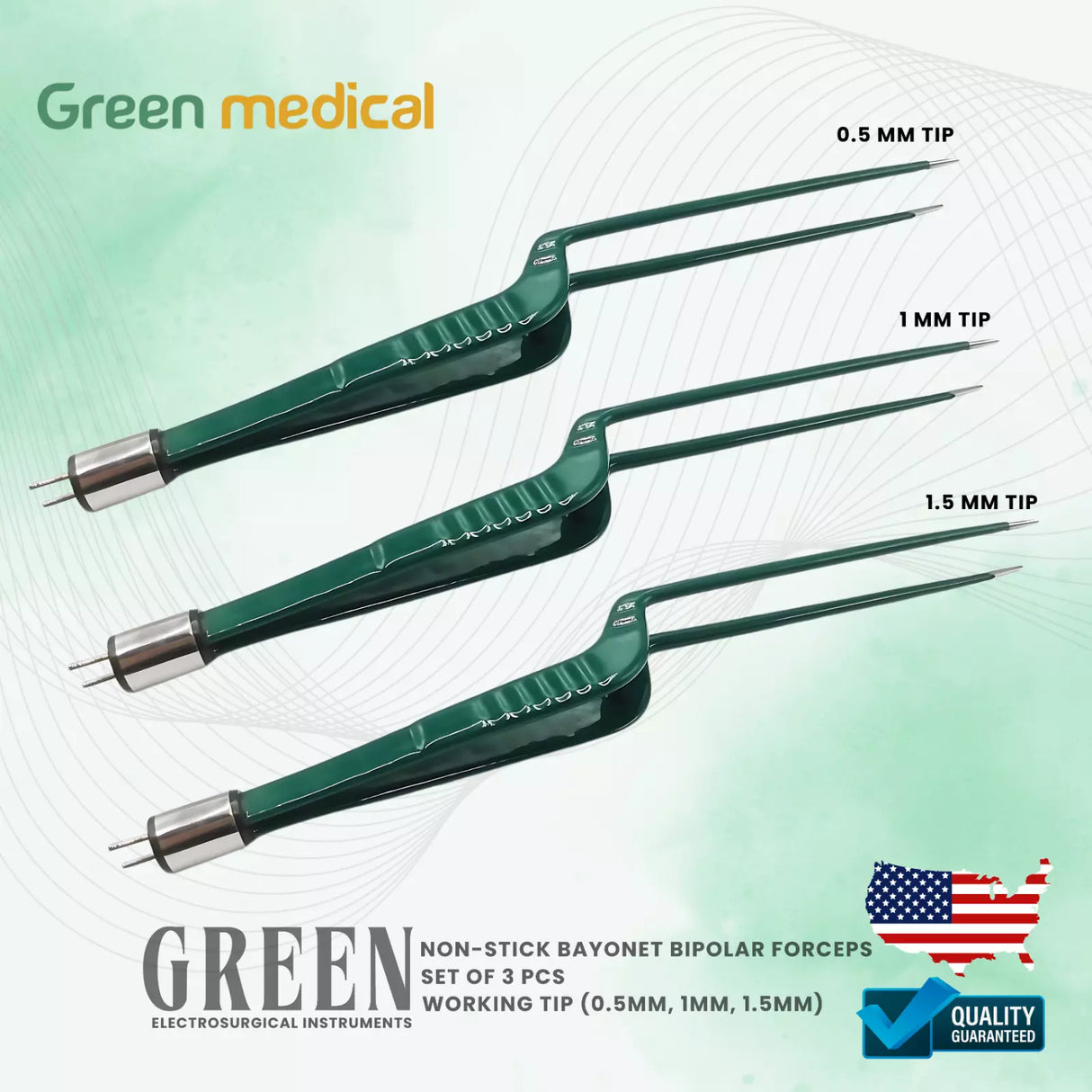 SET OF 3 Non-Stick Bipolar Forceps Us Connector 2 pin, 22cm TIP 0.5mm,1MM,1.5MM