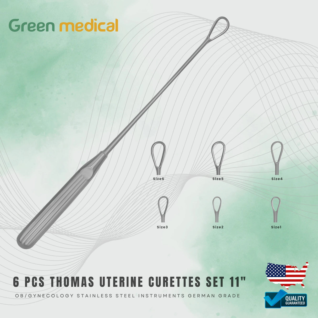 6 Pcs Thomas Uterine Curette Set – Sizes #1-6, 11” Blunt Blades, OB/GYN Instruments – German Stainless Steel