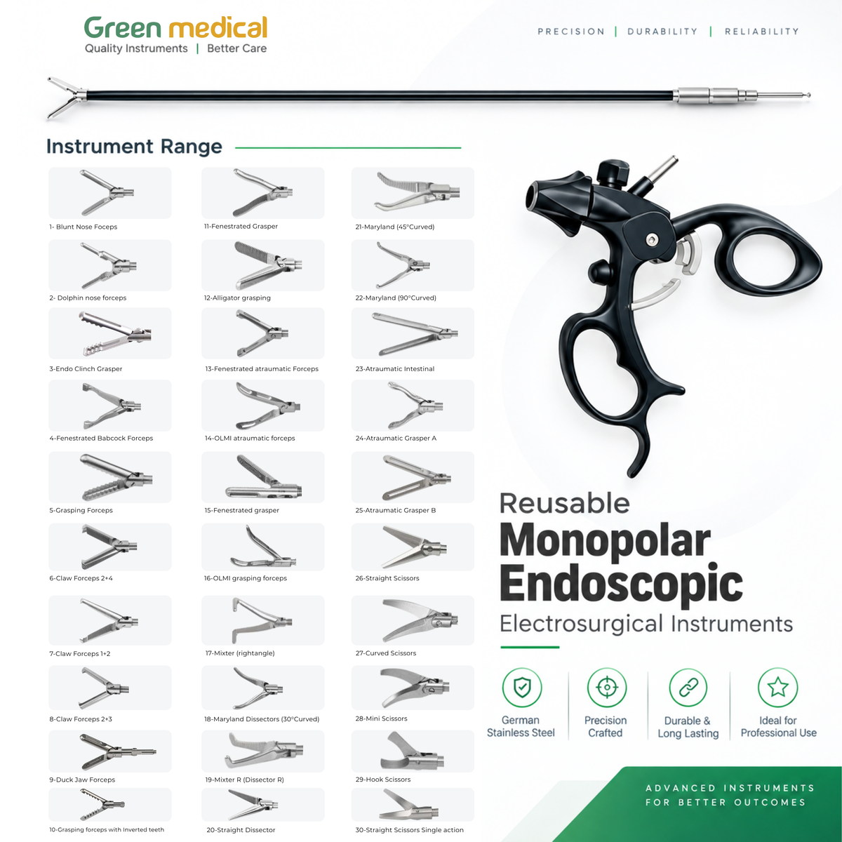 Reusable Monopolar Endoscopic Electrosurgical Instruments – German Stainless Steel
