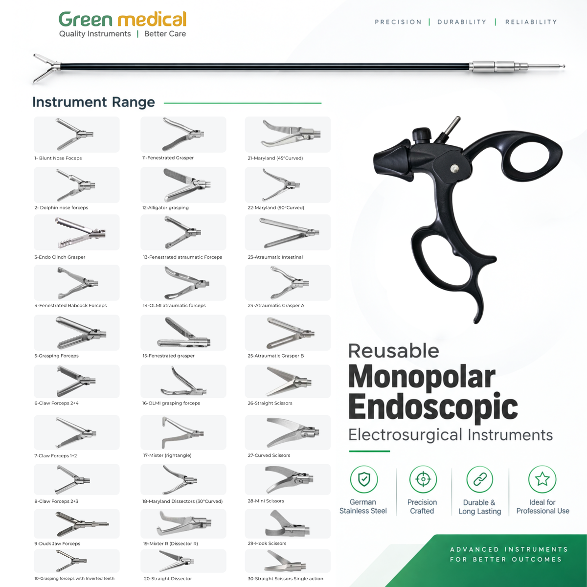 Reusable Monopolar Endoscopic Electrosurgical Instruments With B23 Non Ratchet Handle – German Stainless Steel