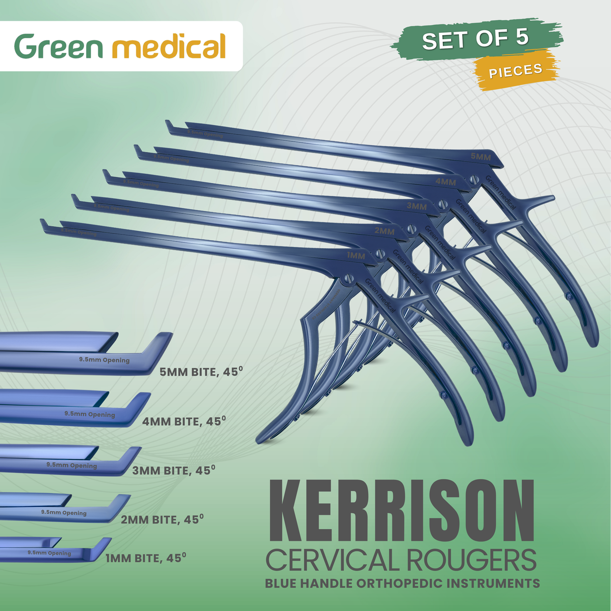 5 KERRISON Rongeurs 7" 1, 2, 3, 4, 5mm up 45 Blue Handle Orthopedic German Grade