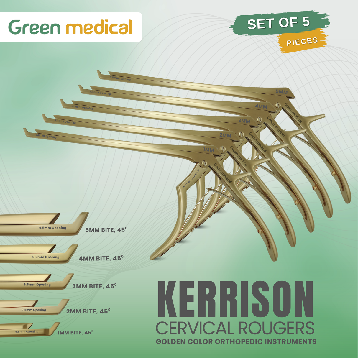 5 KERRISON Rongeurs 7" 1, 2, 3, 4, 5mm up 45 Gold Handle Orthopedic German Grade
