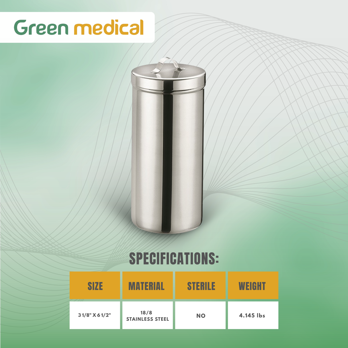 Applicator Jar Hospital Grade Stainless Steelware – 28 oz (3-1/8" x 6-1/2") Medical Dressing Container