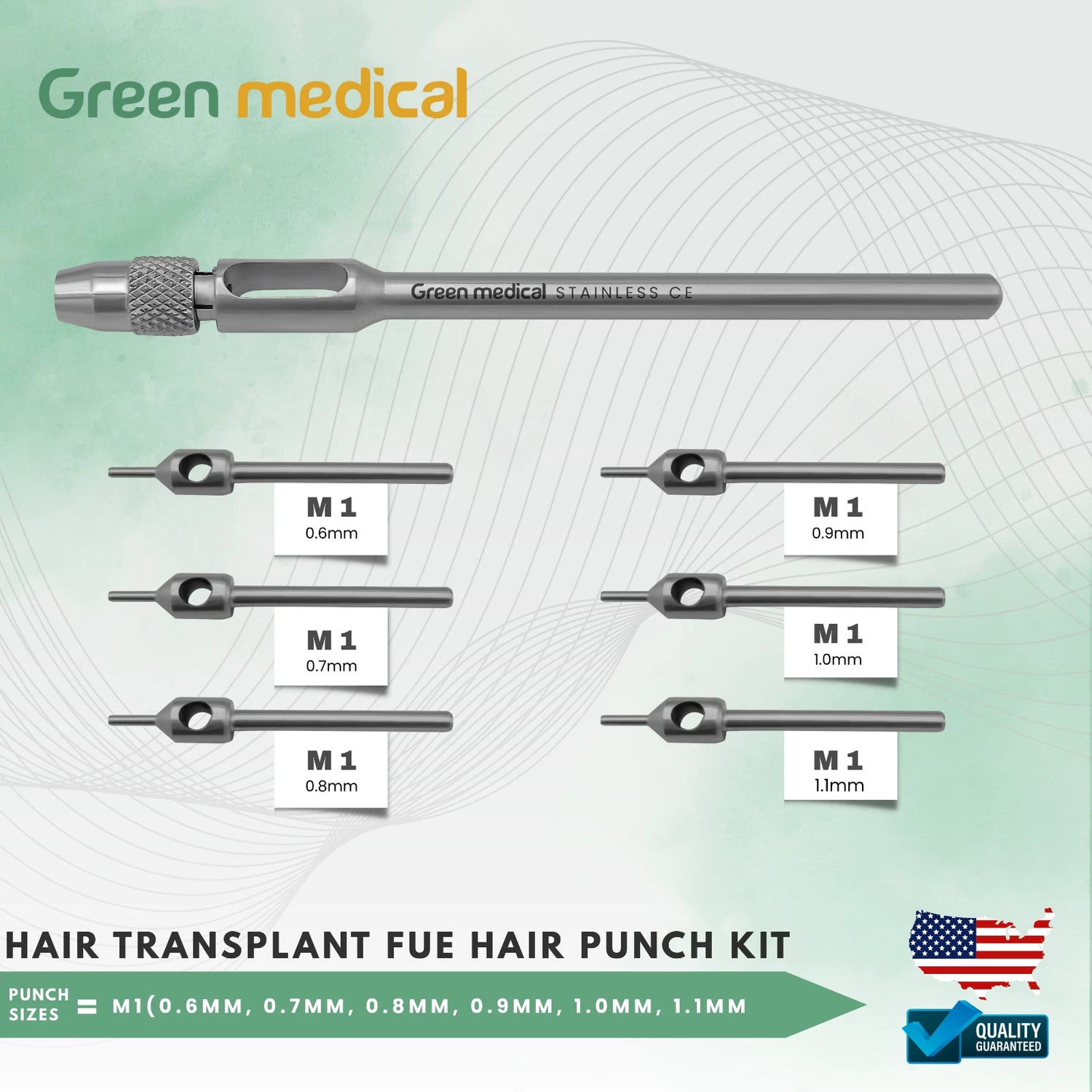 Hair Transplant FUE Hair Punch KIt Puch Sizes .6mm, .7mm, .8mm, .9mm, 1mm, 1.1mm Stainless Steel German Grade