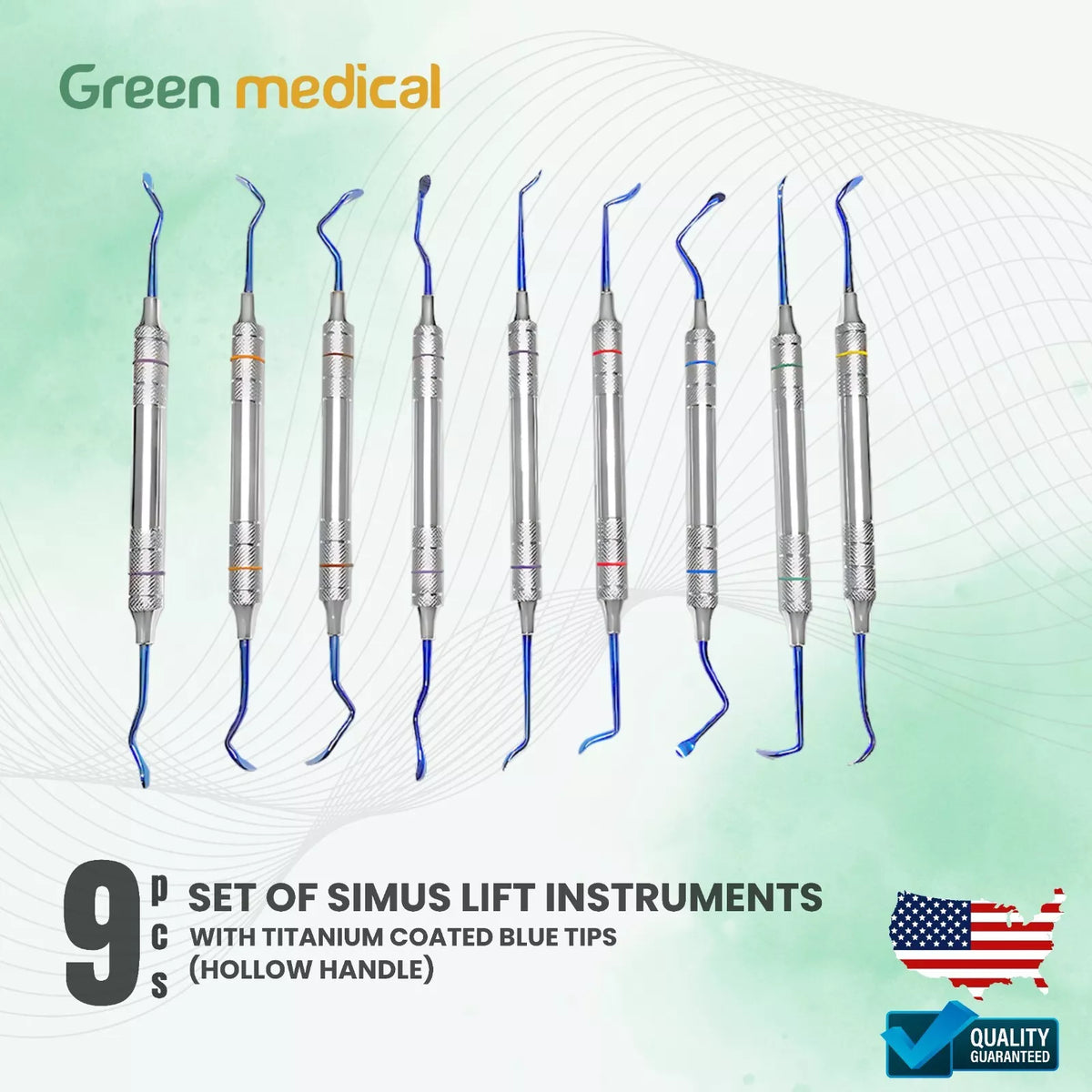 9 Pcs Set of Sinus Lift Instruments With Titanium Coated Blue Tips Hol ...