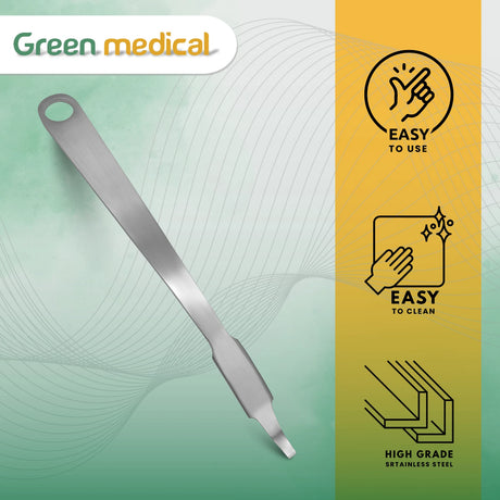 Metal tool with Green Medical branding on a green and yellow gradient background