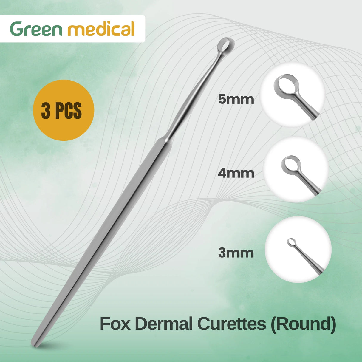 3 Pcs Fox Dermal Curette (5,4,3)mm Round Loop Tip Podiatry Surgical Instruments