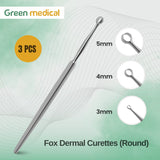 3 Pcs Fox Dermal Curette (5,4,3)mm Round Loop Tip Podiatry Surgical Instruments