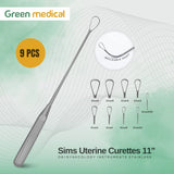 Sims Uterine Curettes 9 Pcs Set 11" Sharp Blade, Malleable 000,00,0,1,2,3,4,5,6