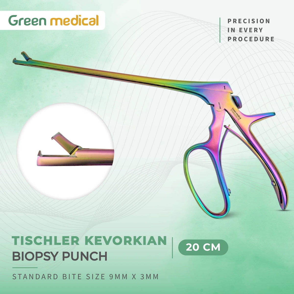 Green Medical Tischler Kevorkian Biopsy Punch 20cm 9x3mm Rainbow Finish