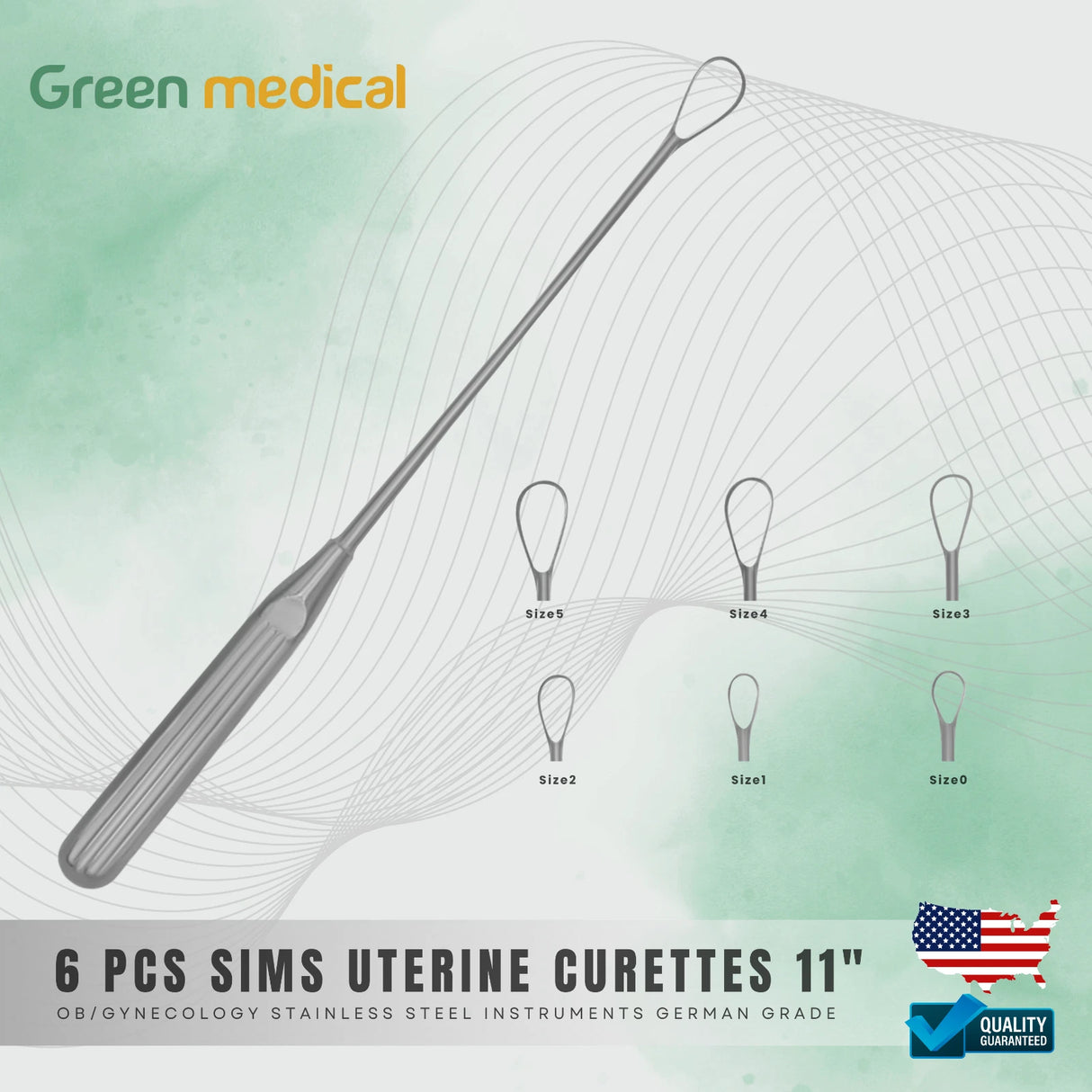 Sims Uterine Curettes Set – 6 Sharp Blades (Sizes 0-5), 11” Surgical OB/GYN Instruments – German Stainless Steel