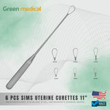 Sims Uterine Curettes Set – 6 Sharp Blades (Sizes 0-5), 11” Surgical OB/GYN Instruments – German Stainless Steel