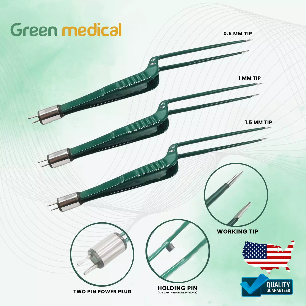 SET OF 3 Non-Stick Bipolar Forceps Us Connector 2 pin, 22cm TIP 0.5mm,1MM,1.5MM