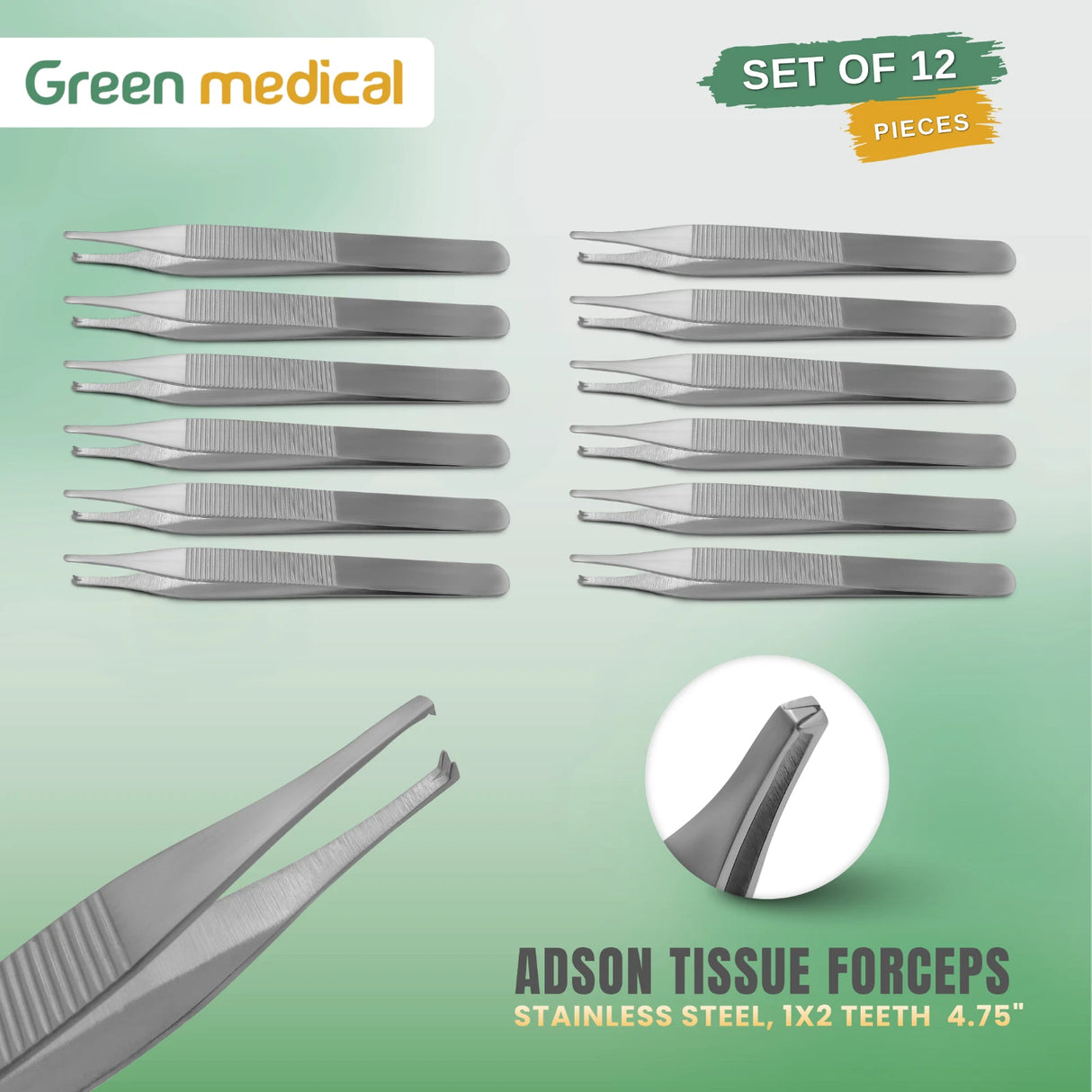 12 Pcs Adson Tissue Forceps 1x2 Teeth 4.75" Surgical Instruments Stainless Steel German Grade Set