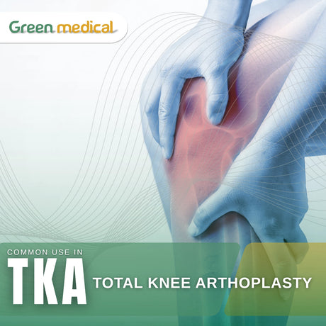 Medical illustration of a knee with gloved hands, labeled 'Green Medical' and 'Total Knee Arthroplasty'.