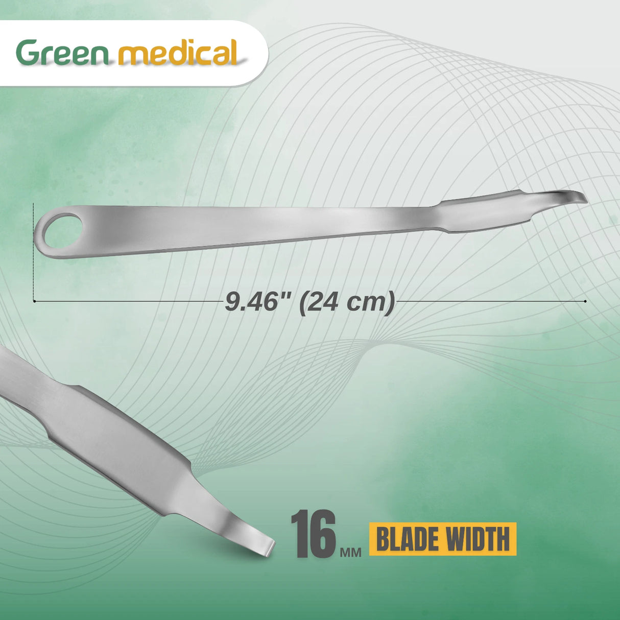 Metallic tool with dimensions and blade width on a green background, branded 'Green Medical'.