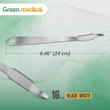 Metallic tool with dimensions and blade width on a green background, branded 'Green Medical'.