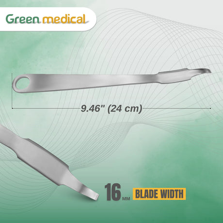 Metallic tool with dimensions and blade width on a green background, branded 'Green Medical'.