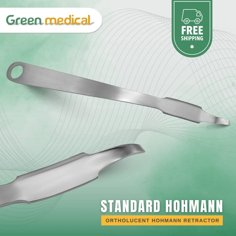 Standard Hohmann ortholucent retractor with Green Medical branding on a green background